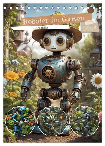 Roboter im Garten - Kleine Helfer (Tischkalender 2026 DIN A5 hoch) CALVENDO Monatskalender