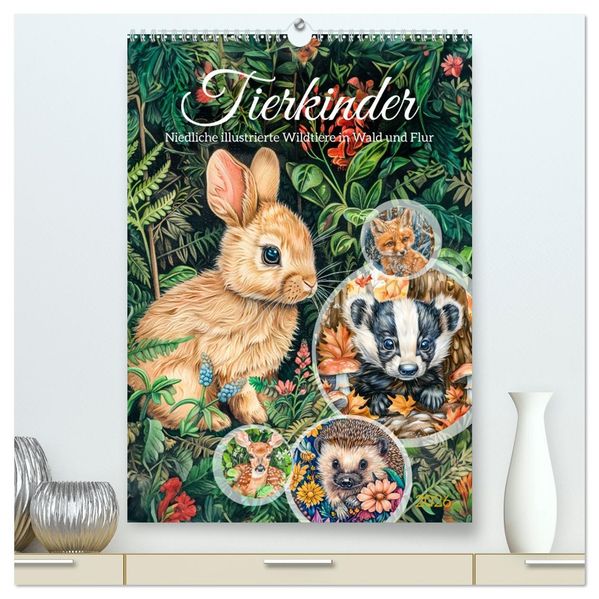 Tierkinder - Niedliche illustrierte Wildtiere in Wald und Flur (hochwertiger Premium Wandkalender 2026 DIN A2 hoch) Kunstdruck in Hochglanz