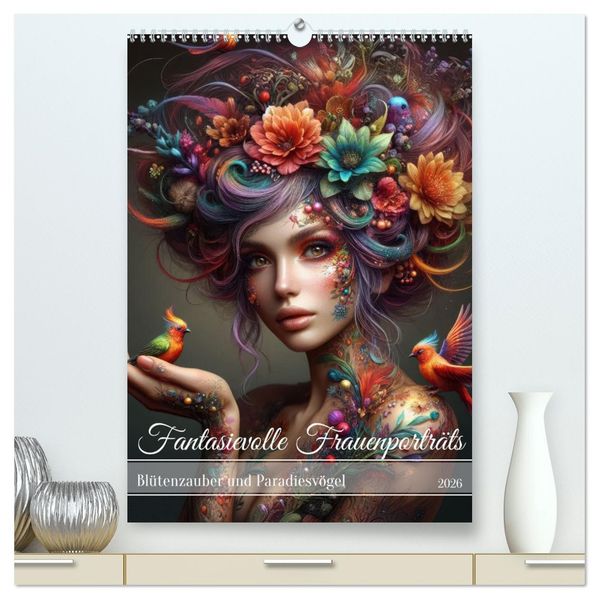 Fantasievolle Frauenporträts - Blütenzauber und Paradiesvögel (hochwertiger Premium Wandkalender 2026 DIN A2 hoch) Kunstdruck in Hochglanz