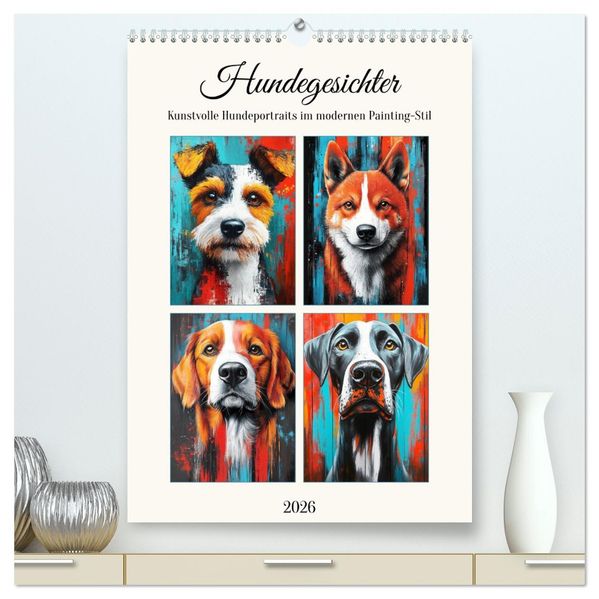 Hundegesichter. Kunstvolle Hundeportraits im modernen Painting-Stil (hochwertiger Premium Wandkalender 2026 DIN A2 hoch) Kunstdruck in Hochglanz