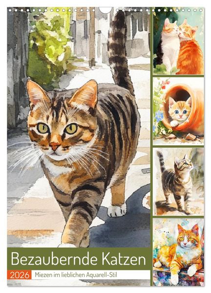 Bezaubernde Katzen. Miezen im lieblichen Aquarell-Stil (Wandkalender 2026 DIN A3 hoch) CALVENDO Monatskalender
