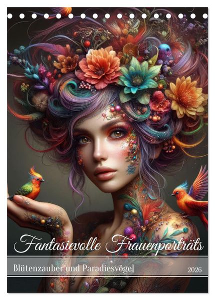 Fantasievolle Frauenporträts - Blütenzauber und Paradiesvögel (Tischkalender 2026 DIN A5 hoch) CALVENDO Monatskalender