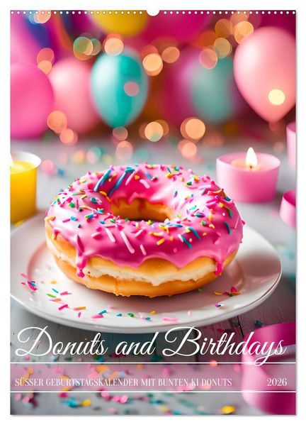 Donuts and Birthdays süßer Geburtstagskalender mit bunte KI Donuts (Wandkalender 2026 DIN A2 hoch) CALVENDO Monatskalender