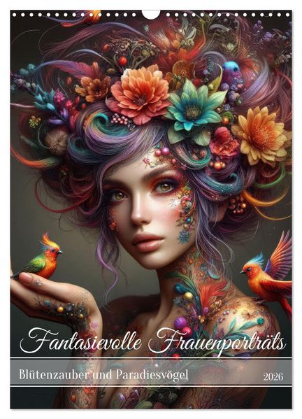 Fantasievolle Frauenporträts - Blütenzauber und Paradiesvögel (Wandkalender 2026 DIN A3 hoch) CALVENDO Monatskalender