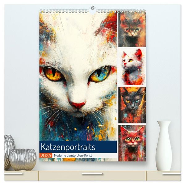Katzenportraits. Moderne Samtpfoten-Kunst (hochwertiger Premium Wandkalender 2026 DIN A2 hoch) Kunstdruck in Hochglanz