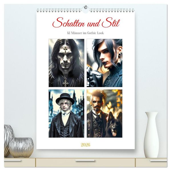 Schatten und Stil - KI Männer im Gothic Stil (hochwertiger Premium Wandkalender 2026 DIN A2 hoch) Kunstdruck in Hochglanz