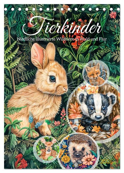 Tierkinder - Niedliche illustrierte Wildtiere in Wald und Flur (Tischkalender 2026 DIN A5 hoch) CALVENDO Monatskalender
