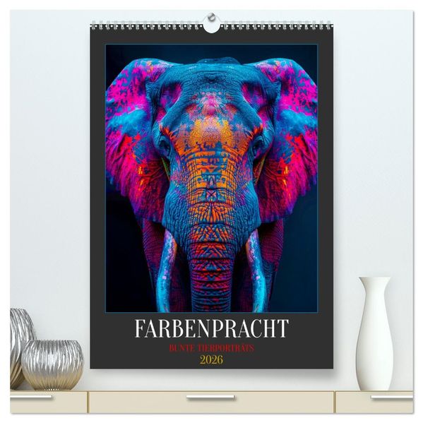Farbenpracht - Bunte Tierporträts (hochwertiger Premium Wandkalender 2026 DIN A2 hoch) Kunstdruck in Hochglanz