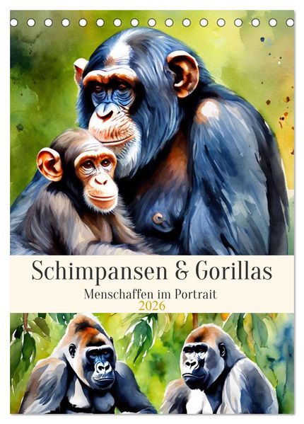 Schimpansen & Gorillas (Tischkalender 2026 DIN A5 hoch) CALVENDO Monatskalender