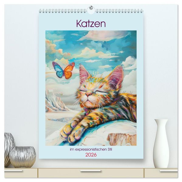Katzen im expressionistischen Stil (hochwertiger Premium Wandkalender 2026 DIN A2 hoch) Kunstdruck in Hochglanz