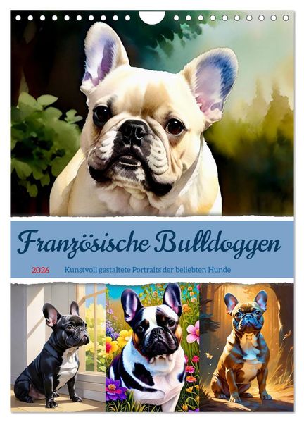 Französische Bulldoggen. Kunstvoll gestaltete Portraits (Wandkalender 2026 DIN A4 hoch) CALVENDO Monatskalender