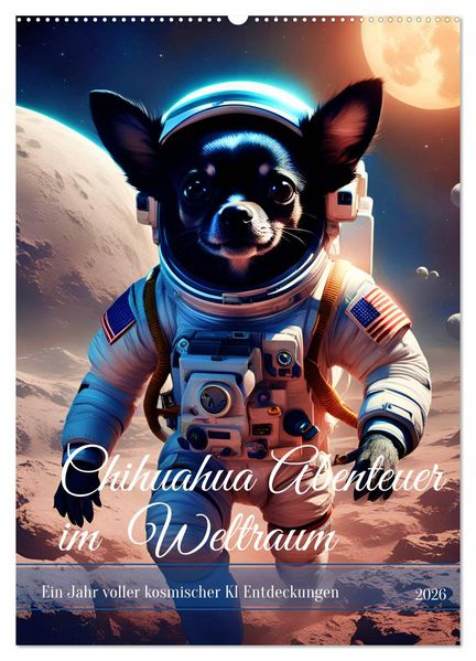 Chihuahua Abenteuer im Weltraum (Wandkalender 2026 DIN A2 hoch) CALVENDO Monatskalender