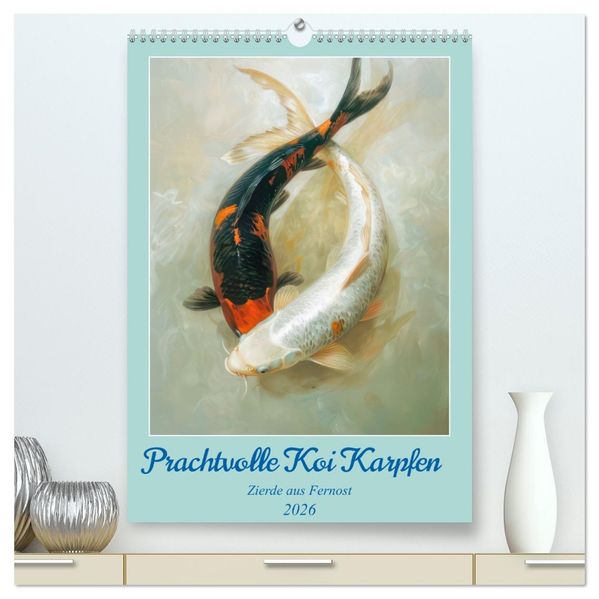 Prachtvolle Koi Karpfen Zierde aus Fernost (hochwertiger Premium Wandkalender 2026 DIN A2 hoch) Kunstdruck in Hochglanz