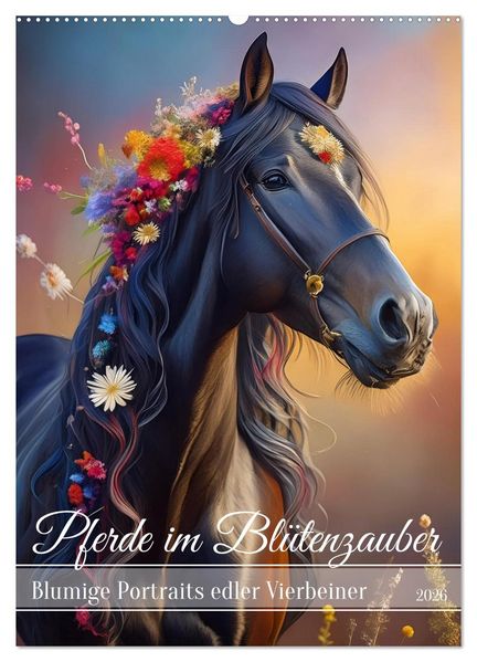 Pferde im Blütenzauber - Blumige Portraits edler Vierbeiner (Wandkalender 2026 DIN A2 hoch) CALVENDO Monatskalender