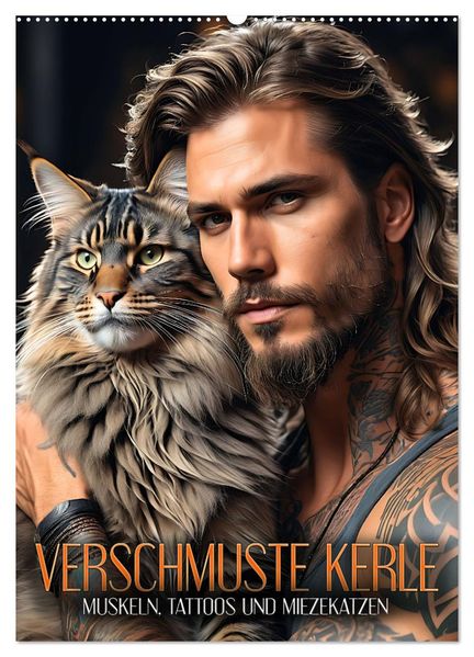 Verschmuste Kerle - Muskeln Tattoos und Miezekatzen (Wandkalender 2026 DIN A2 hoch) CALVENDO Monatskalender
