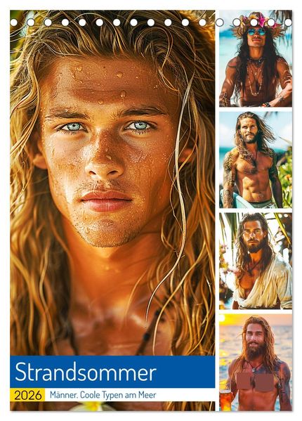 Strandsommer. Männer. Coole Typen am Meer (Tischkalender 2026 DIN A5 hoch) CALVENDO Monatskalender