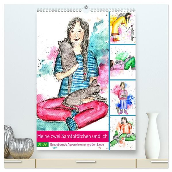 Meine zwei Samtpfötchen und Ich - Bezaubernde Aquarelle einer große Liebe (hochwertiger Premium Wandkalender 2026 DIN A2 hoch) Kunstdruck in Hochglanz