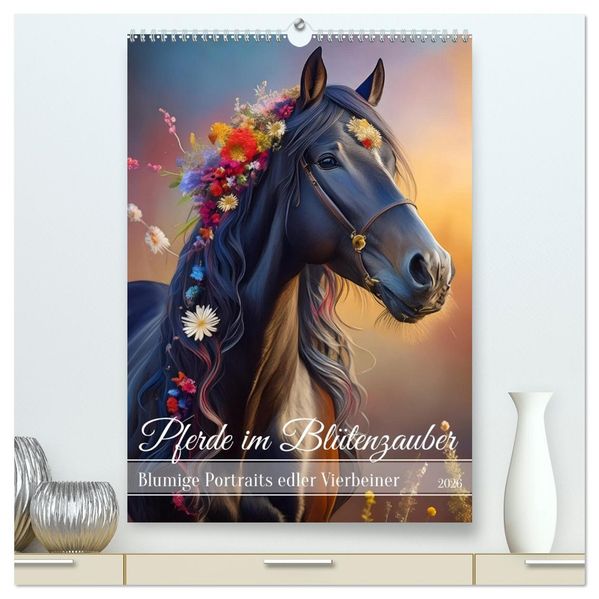 Pferde im Blütenzauber - Blumige Portraits edler Vierbeiner (hochwertiger Premium Wandkalender 2026 DIN A2 hoch) Kunstdruck in Hochglanz