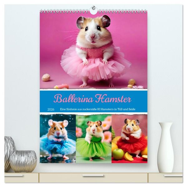 Ballerina Hamster - Eine Sinfonie aus zuckersüße KI Hamstern in Tüll und Seide (hochwertiger Premium Wandkalender 2026 DIN A2 hoch) Kunstdruck in Hochglanz