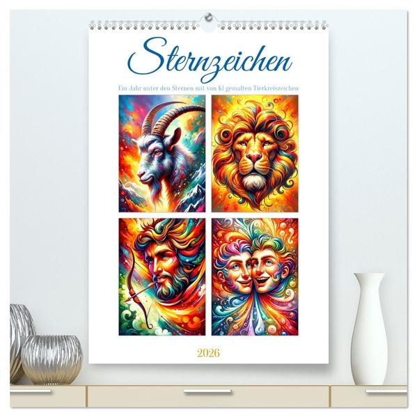 Sternzeichen - Ein Jahr unter den Sternen mit von KI gemalten Tierkreiszeichen (hochwertiger Premium Wandkalender 2026 DIN A2 hoch) Kunstdruck in Hochglanz