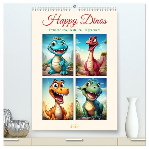 Happy Dinos (hochwertiger Premium Wandkalender 2026 DIN A2 hoch) Kunstdruck in Hochglanz