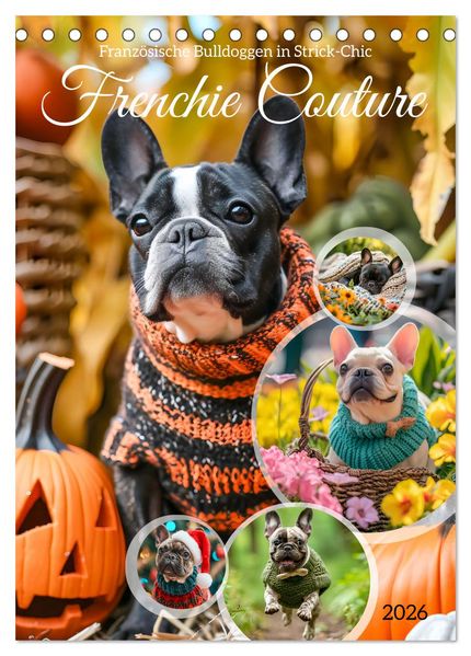 Frenchie Couture - Französische Bulldoggen in Strick-Chic (Tischkalender 2026 DIN A5 hoch) CALVENDO Monatskalender