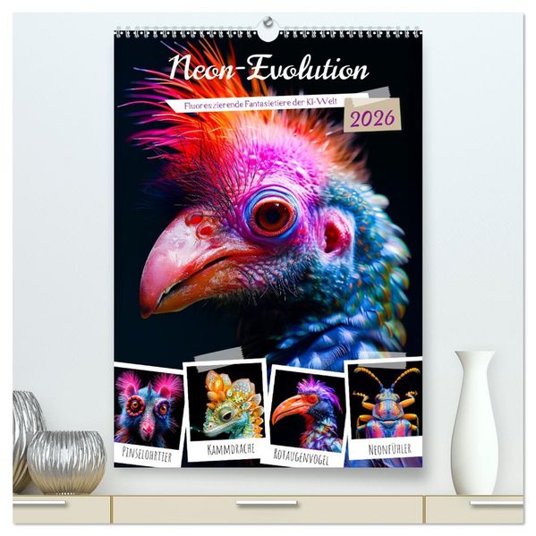 Neon-Evolution - Fluoreszierende Fantasietiere der KI-Welt (hochwertiger Premium Wandkalender 2026 DIN A2 hoch) Kunstdruck in Hochglanz