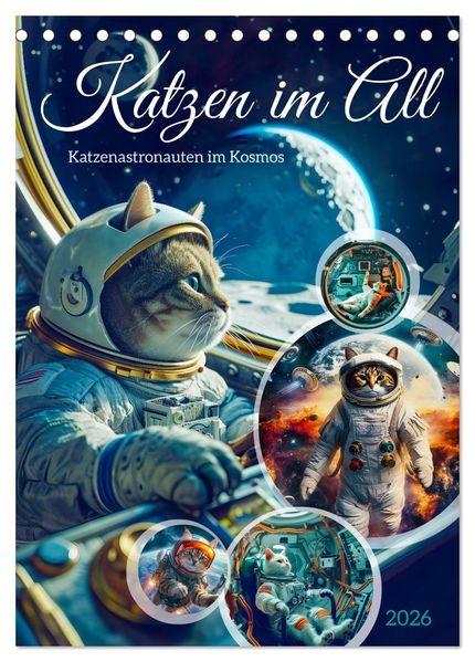 Katzen im All - Katzenastronauten im Kosmos (Tischkalender 2026 DIN A5 hoch) CALVENDO Monatskalender
