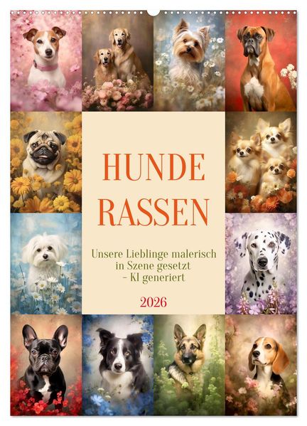 Hunderassen (Wandkalender 2026 DIN A2 hoch) CALVENDO Monatskalender