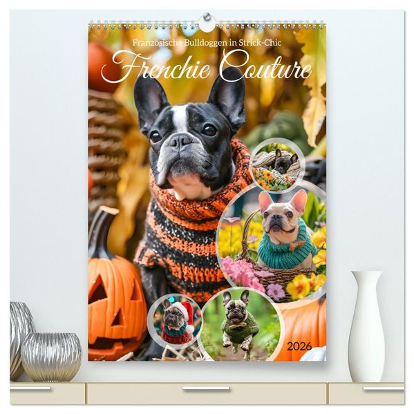 Frenchie Couture - Französische Bulldoggen in Strick-Chic (hochwertiger Premium Wandkalender 2026 DIN A2 hoch) Kunstdruck in Hochglanz