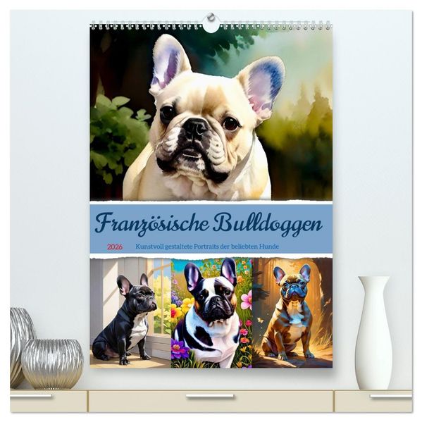 Französische Bulldoggen. Kunstvoll gestaltete Portraits (hochwertiger Premium Wandkalender 2026 DIN A2 hoch) Kunstdruck in Hochglanz