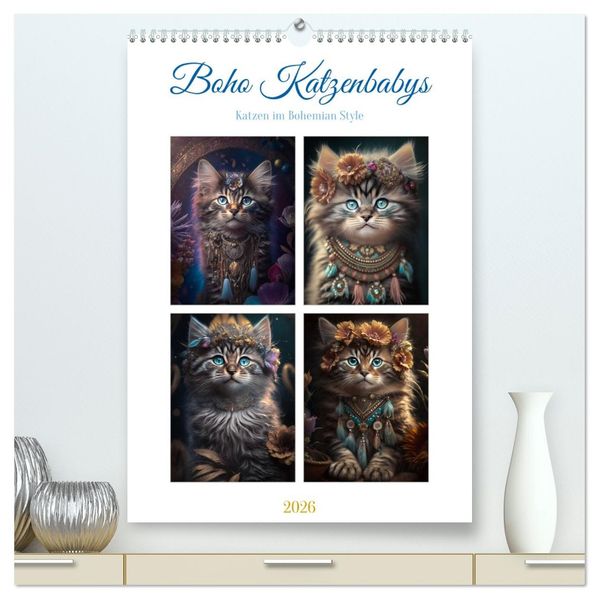Boho Katzenbabys (hochwertiger Premium Wandkalender 2026 DIN A2 hoch) Kunstdruck in Hochglanz