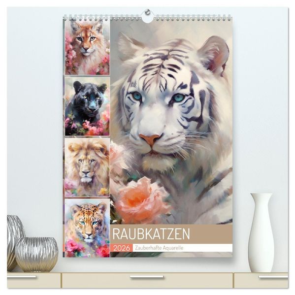 Raubkatzen. Zauberhafte Aquarelle (hochwertiger Premium Wandkalender 2026 DIN A2 hoch) Kunstdruck in Hochglanz