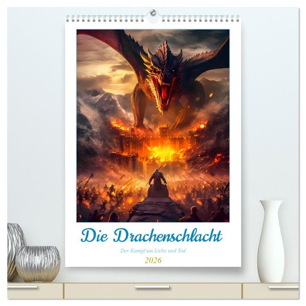 Die Drachenschlacht (hochwertiger Premium Wandkalender 2026 DIN A2 hoch) Kunstdruck in Hochglanz