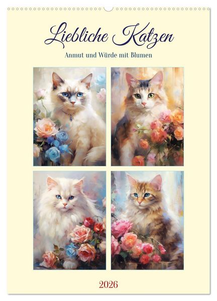 Liebliche Katzen. Anmut und Würde mit Blumen (Wandkalender 2026 DIN A2 hoch) CALVENDO Monatskalender