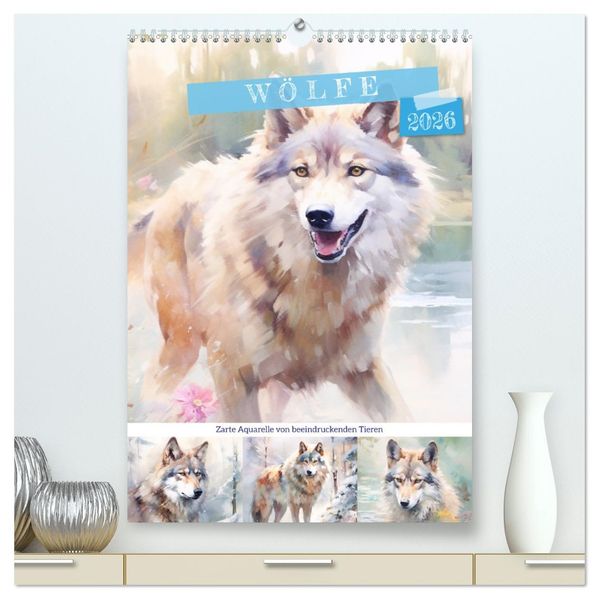Wölfe. Zarte Aquarelle von beeindruckenden Tieren (hochwertiger Premium Wandkalender 2026 DIN A2 hoch) Kunstdruck in Hochglanz