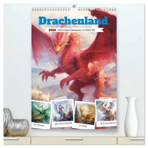 Drachenland. Gefürchtete Fabelwesen im Gotik-Stil (hochwertiger Premium Wandkalender 2026 DIN A2 hoch) Kunstdruck in Hochglanz