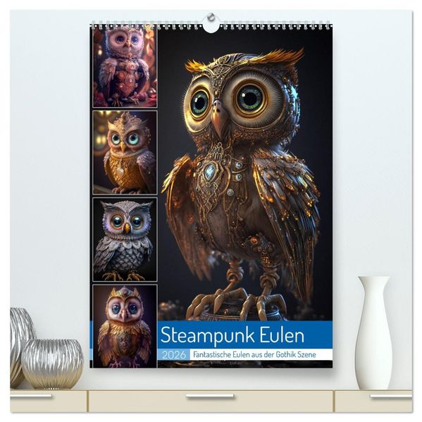 Steampunk Eulen (hochwertiger Premium Wandkalender 2026 DIN A2 hoch) Kunstdruck in Hochglanz