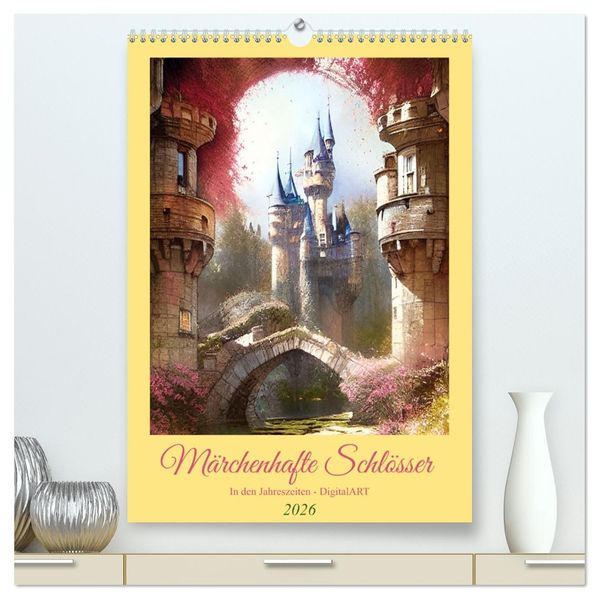 Märchenhafte Schlösser - In den Jahreszeiten - Digitalart (hochwertiger Premium Wandkalender 2026 DIN A2 hoch) Kunstdruck in Hochglanz