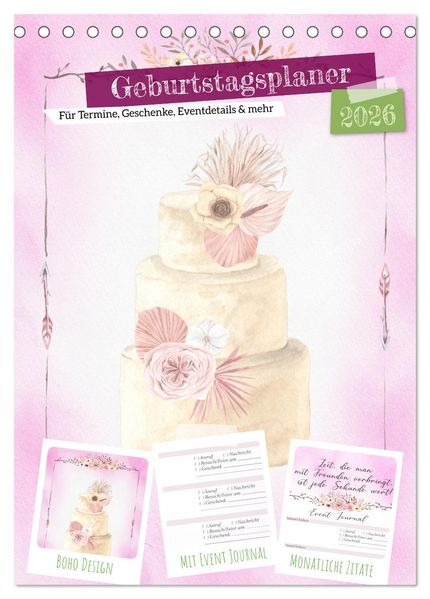 Geburtstagsplaner Boho Rosa - Für Termine Geschenke Eventdetails & mehr (Tischkalender 2026 DIN A5 hoch) CALVENDO Monatskalender