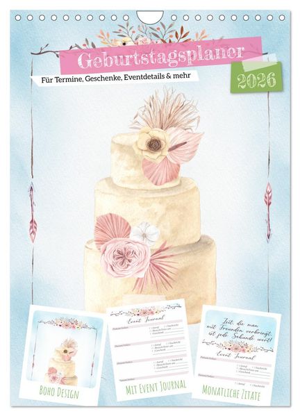 Geburtstagsplaner Boho Blau - Für Termine Geschenke Eventdetails & mehr (Wandkalender 2026 DIN A4 hoch) CALVENDO Monatskalender