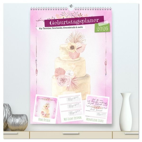 Geburtstagsplaner Boho Rosa - Für Termine Geschenke Eventdetails & mehr (hochwertiger Premium Wandkalender 2026 DIN A2 hoch) Kunstdruck in Hochglanz