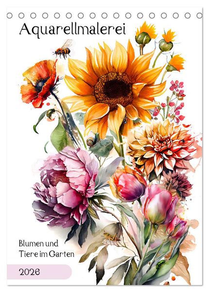 Aquarellmalerei - Blumen und Tiere im Garten (Tischkalender 2026 DIN A5 hoch) CALVENDO Monatskalender