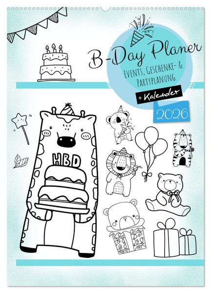 Geburtstagsplaner Doodle Tiere - Für Termine Geschenke Eventdetails & mehr (Wandkalender 2026 DIN A2 hoch) CALVENDO Monatskalender