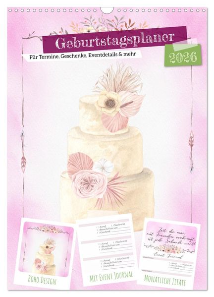 Geburtstagsplaner Boho Rosa - Für Termine Geschenke Eventdetails & mehr (Wandkalender 2026 DIN A3 hoch) CALVENDO Monatskalender