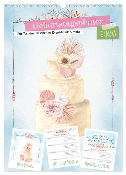 Geburtstagsplaner Boho Blau - Für Termine Geschenke Eventdetails & mehr (Wandkalender 2026 DIN A3 hoch) CALVENDO Monatskalender