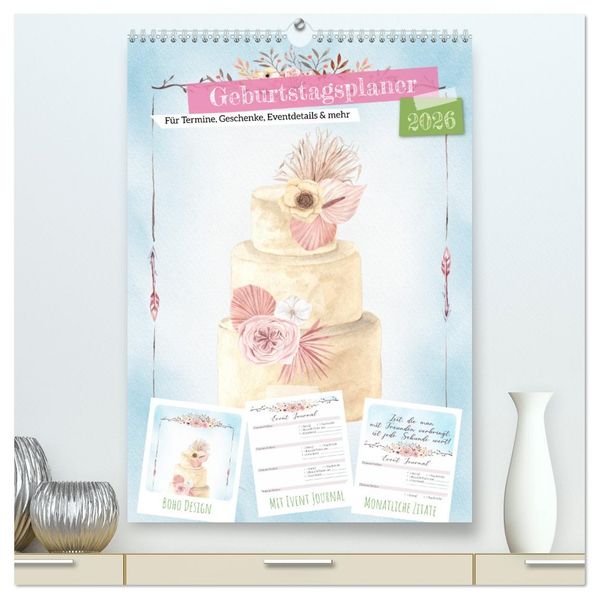 Geburtstagsplaner Boho Blau - Für Termine Geschenke Eventdetails & mehr (hochwertiger Premium Wandkalender 2026 DIN A2 hoch) Kunstdruck in Hochglanz