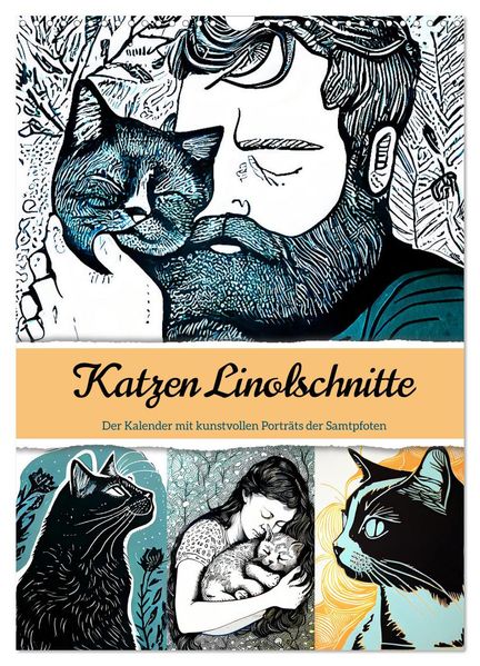 Katzen Linolschnitt - Der Kalender mit kunstvollen Porträts der Samtpfoten (Wandkalender 2026 DIN A3 hoch) CALVENDO Monatskalender