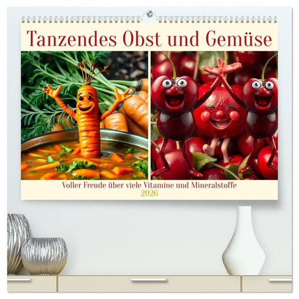 Tanzendes Obst und Gemüse (hochwertiger Premium Wandkalender 2026 DIN A2 quer) Kunstdruck in Hochglanz