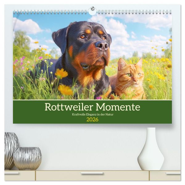 Rottweiler Momente. Kraftvolle Eleganz in der Natur (hochwertiger Premium Wandkalender 2026 DIN A2 quer) Kunstdruck in Hochglanz